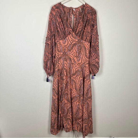 Free People peach floral long sleeve v neck bohemian maxi dress Size 8 Medium - Picture 3 of 8
